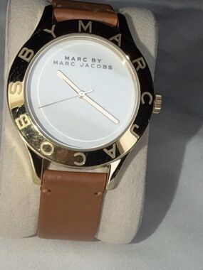 Marc by Marc Jacobs Gold-Tone Bezel Watch with Brown Leather Strap